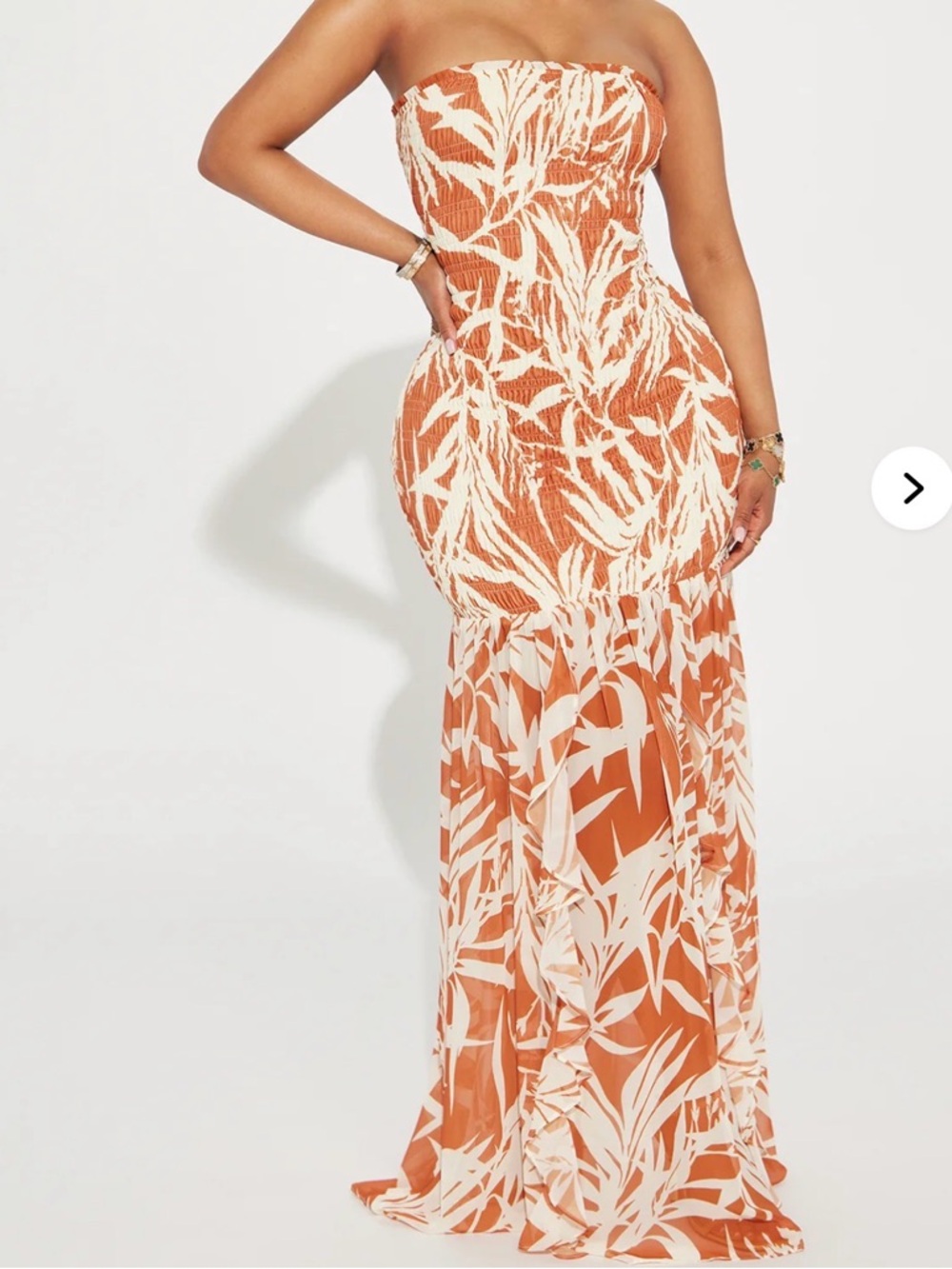 Strapless Orange & Cream Tropical Maxi Dress